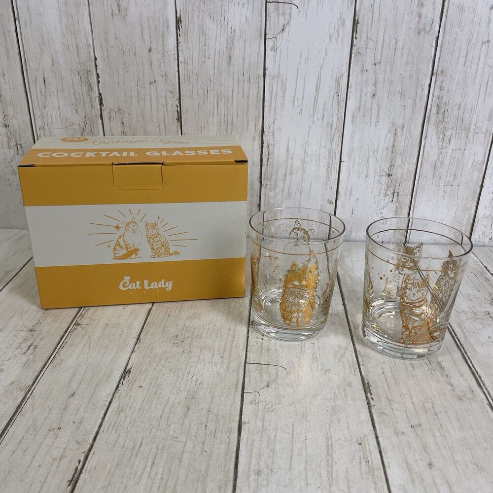 Vintage Style Cocktail Glasses Cat Lady Set Of 2 Gold Tone Cat Designs-  NEW